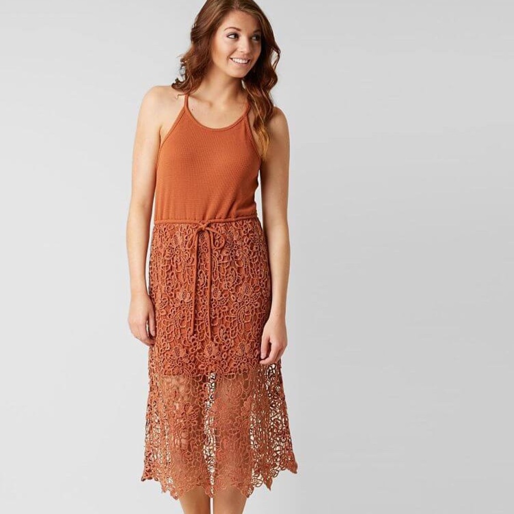 Gimmicks by BKE Burnt Orange Crochet Midi Dress